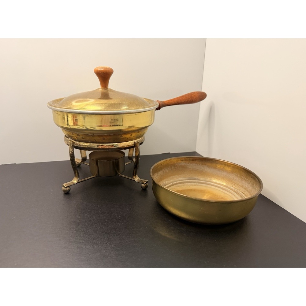 Vintage Brass Chafing Dish Food Warmer Pan Wood Handle Aluminum Liner Stand Lid